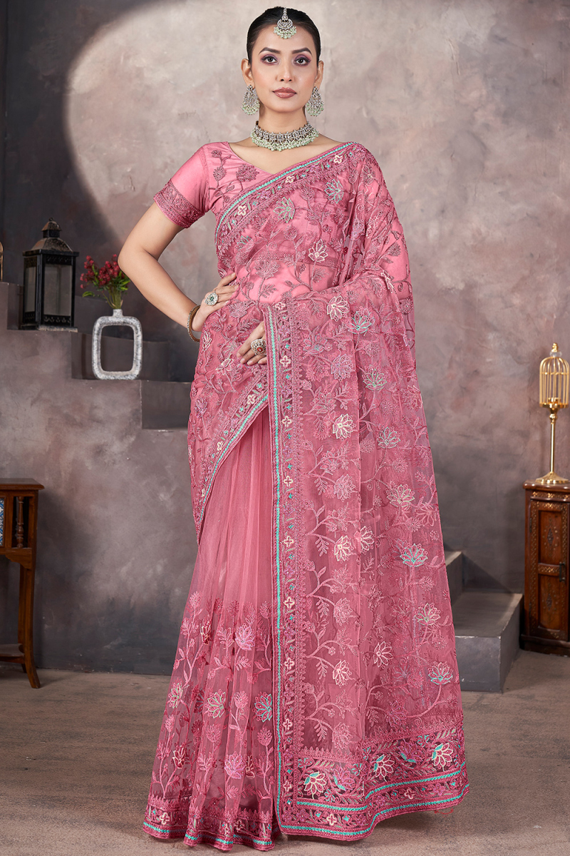 Dark Pink Net Embroidered Fancy Saree for Festival 