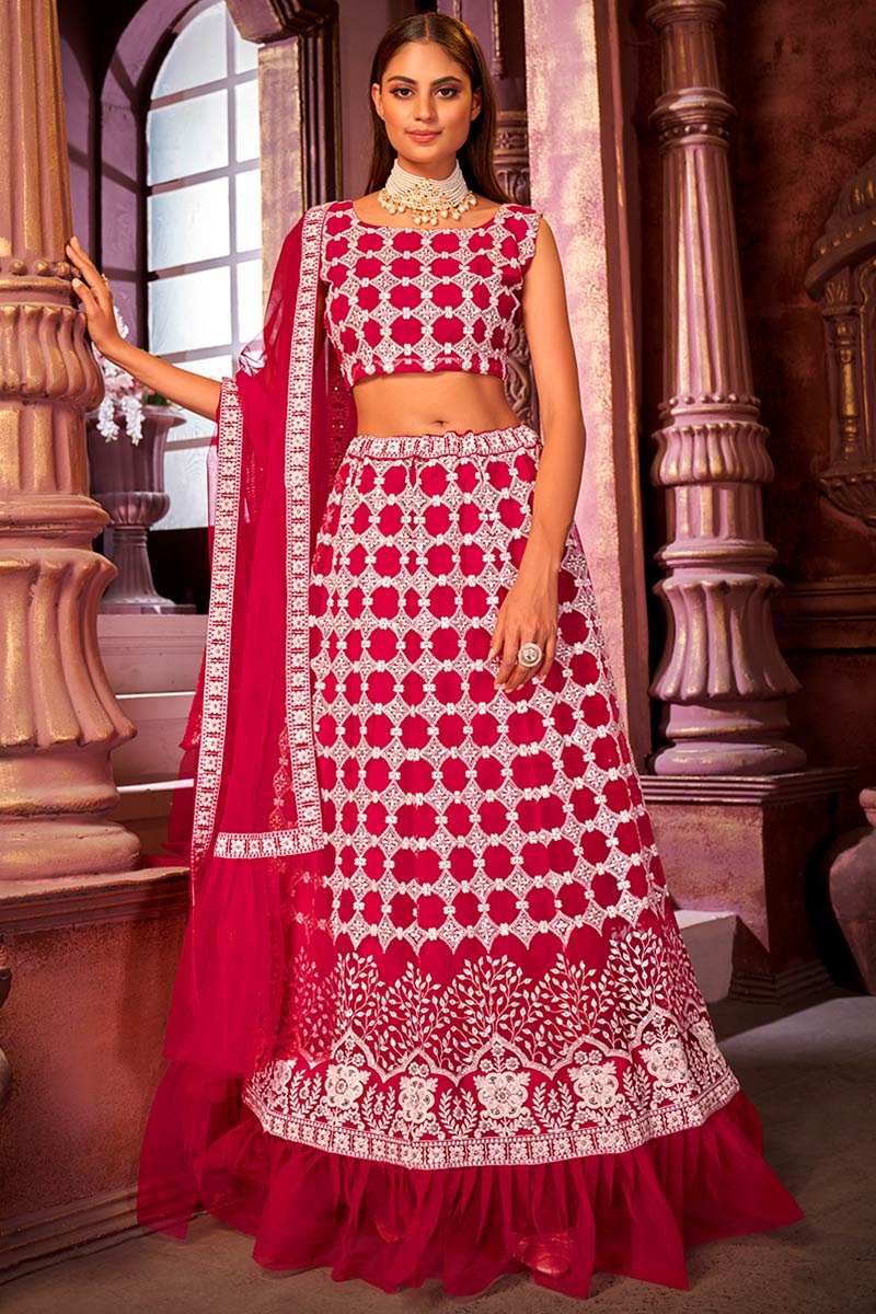 Dark Pink Net Embroidered Lehenga