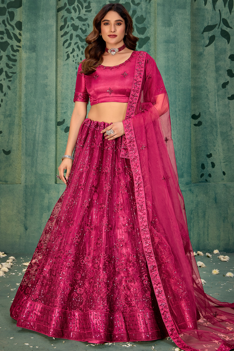 Dark Pink Net Lehenga With Sequins Work For Weddings