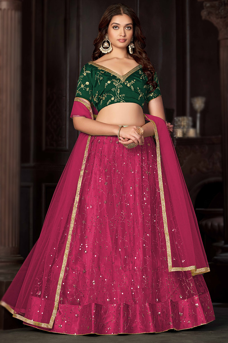 Dark Pink Net Sequins Embroidered Panelled Style Lehenga 