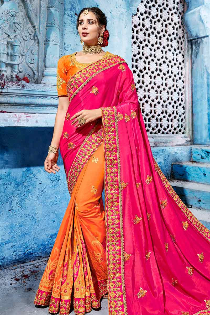 Orange And Pink Color Dola Silk Fancy Saree