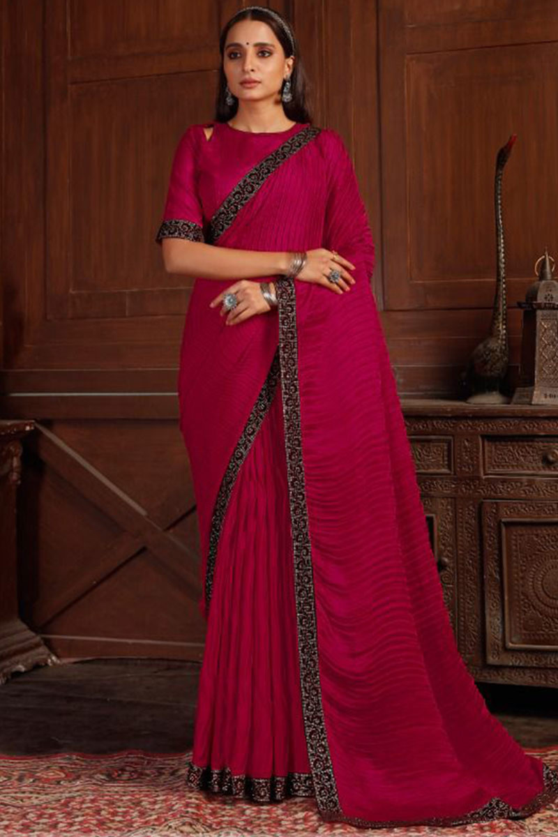 Buy eBizz Retail Fancy Dark Pink Plain Georgette Saree with Elegant Silver  Border at Amazon.in