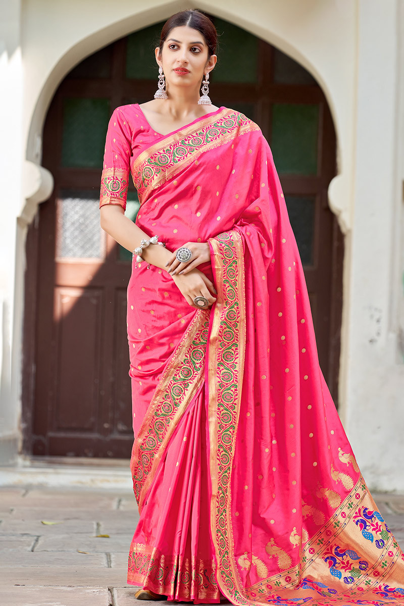 EKKTARA Saree For Women Rose Pink Designer Satin Paithani Saree With C –  Ekktara