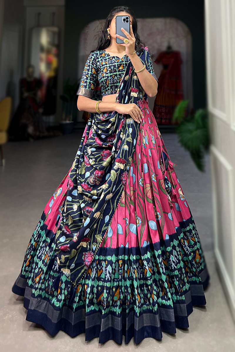 Dark Pink Tussar Silk Printed Flared Style Chaniya Choli