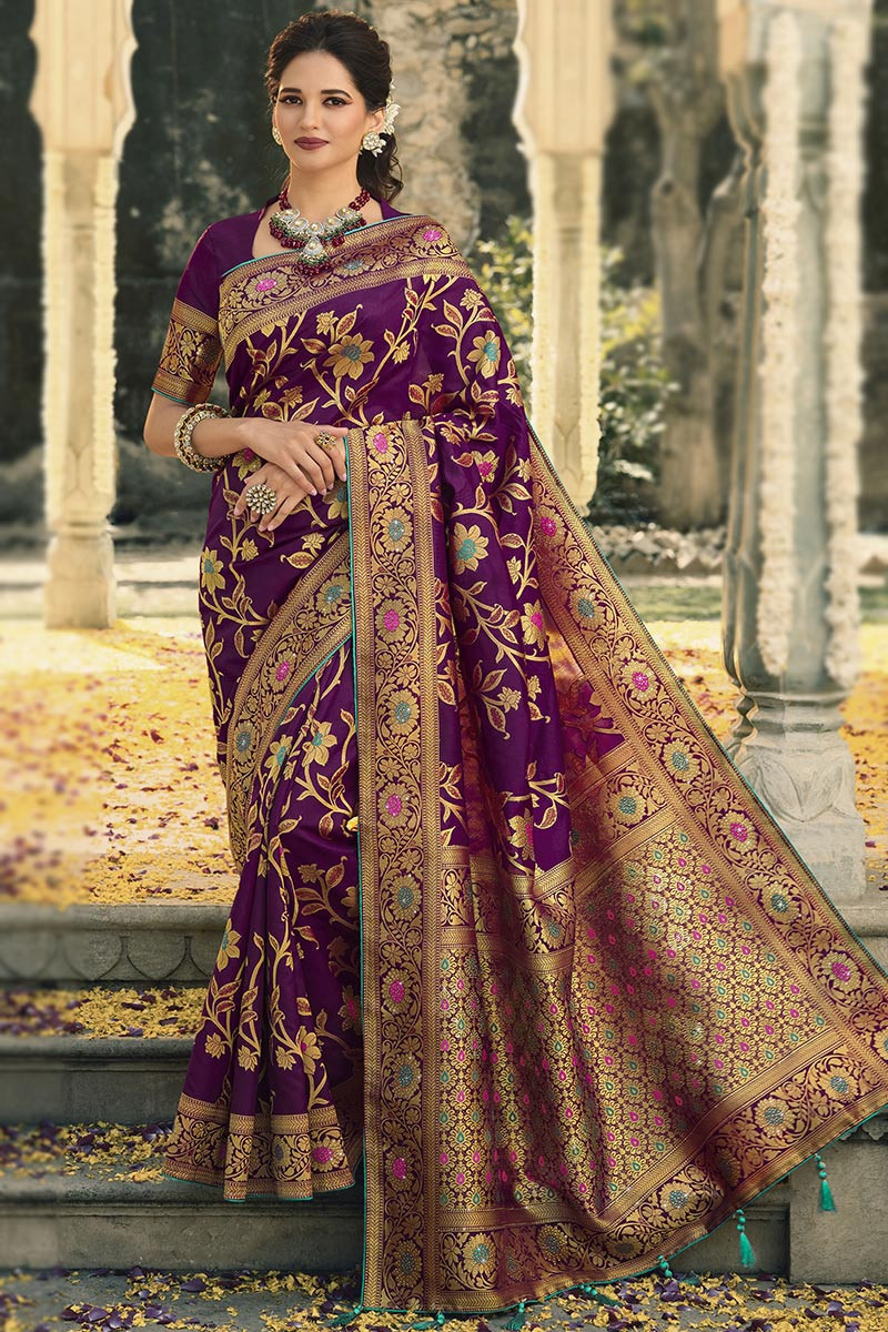 Buy Pandadi Saree Women Purple Plain Cotton Silk Banarasi Saree Online at  Best Prices in India - JioMart.