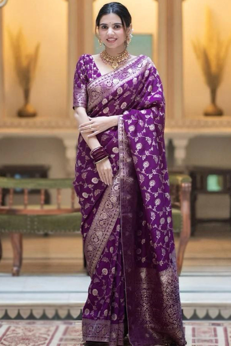 Dark Purple Banarasi Style Woven Zari Silk Saree SARV173881