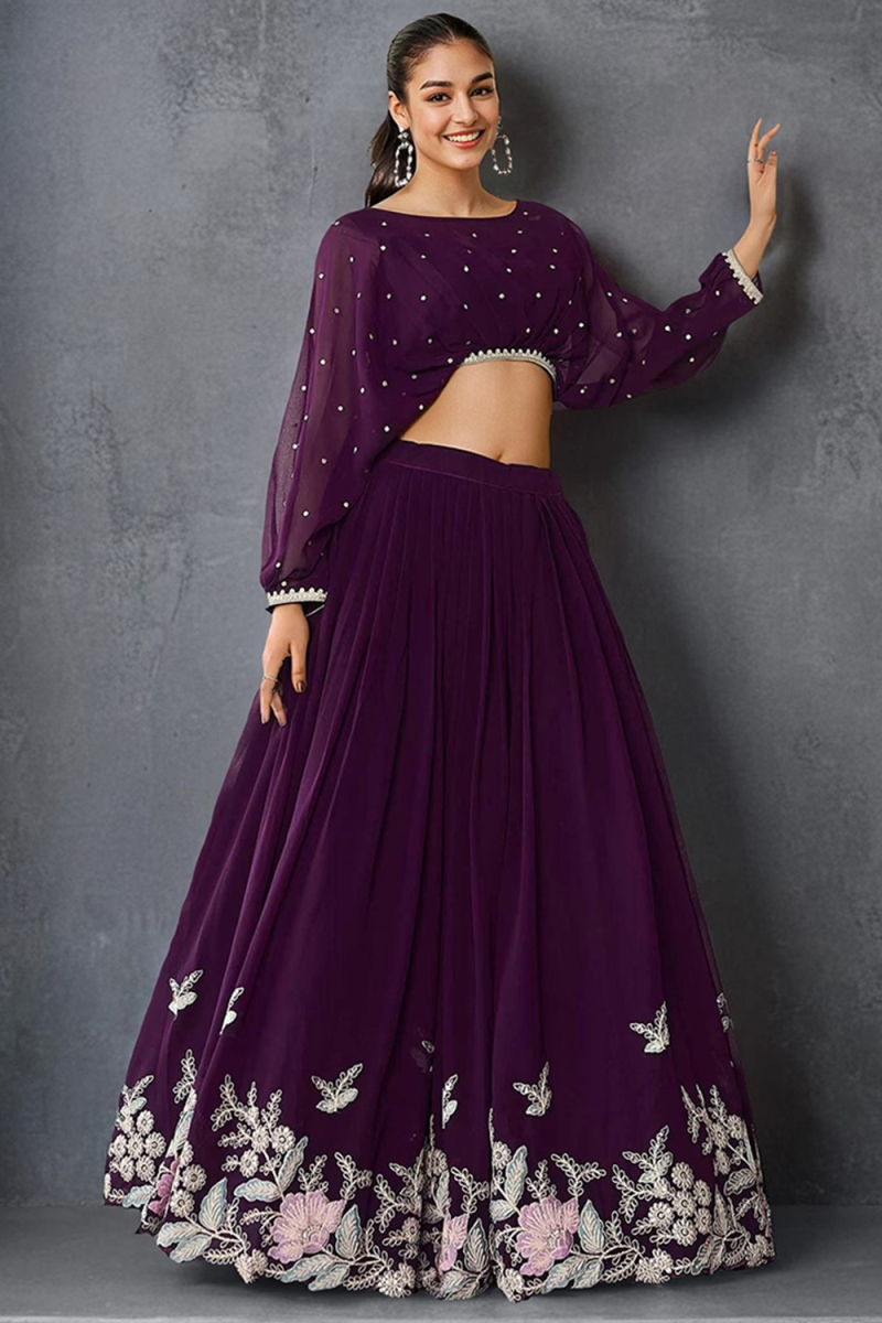 Dark Purple Georgette Embroidered A Line Ready Made Lehenga