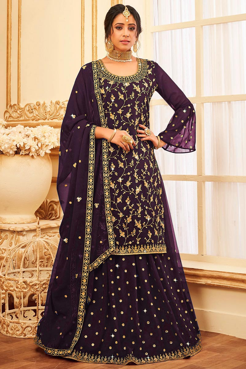 Dark Purple Georgette Embroidered Lehenga Choli