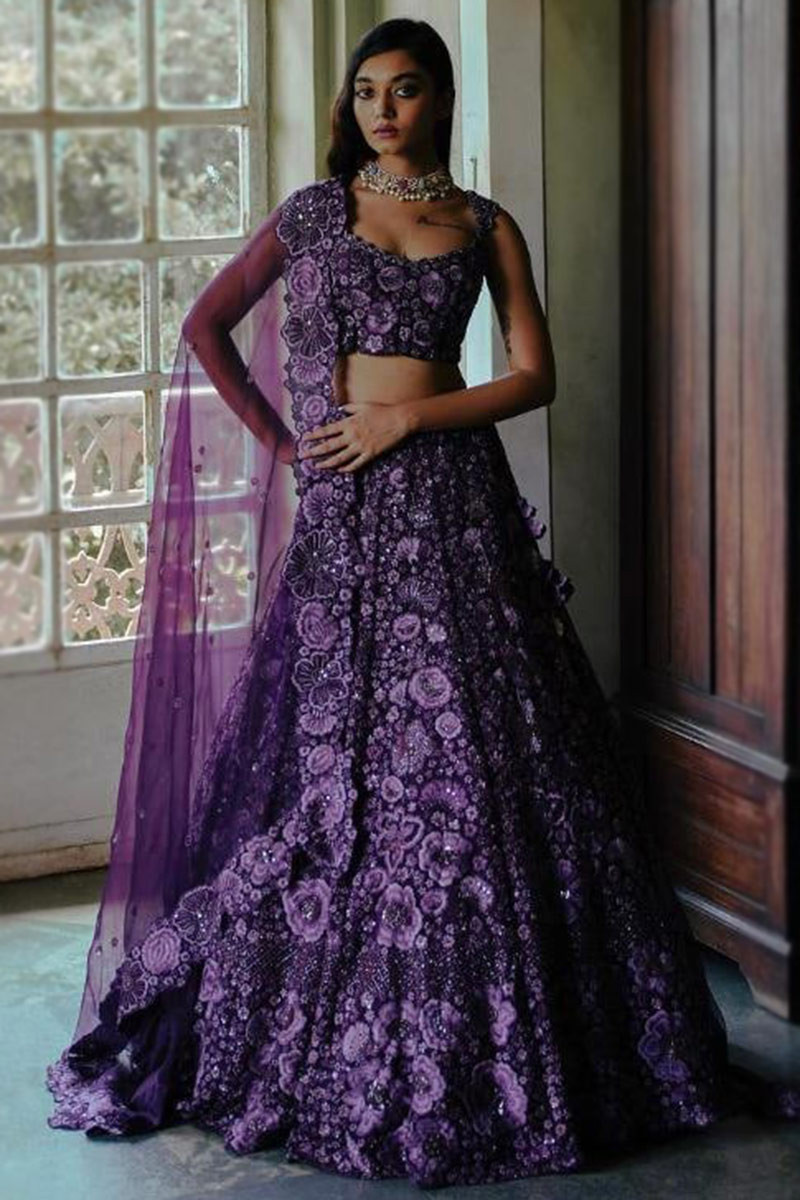 Online Fashion Boutiques Dark Purple Georgette Embroidered Lehenga