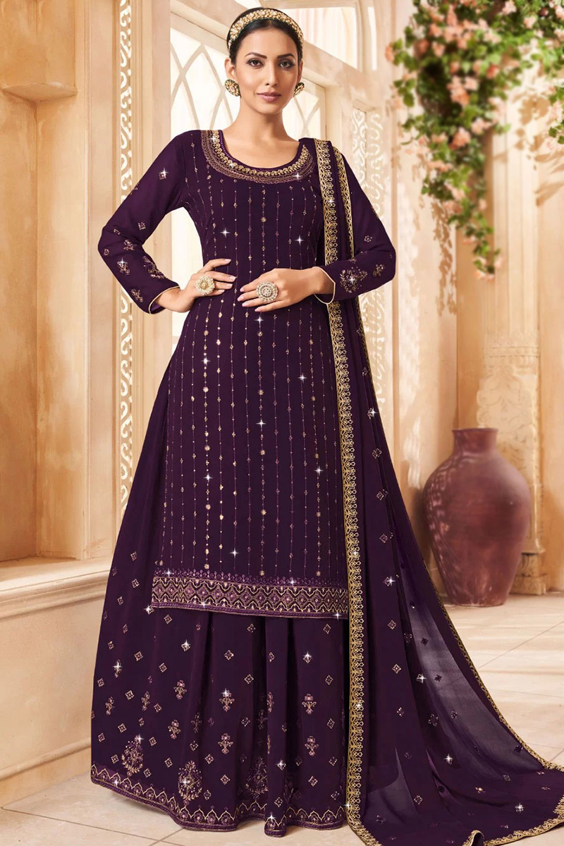 Dark Purple Georgette Embroidered Long Choli Lehenga 