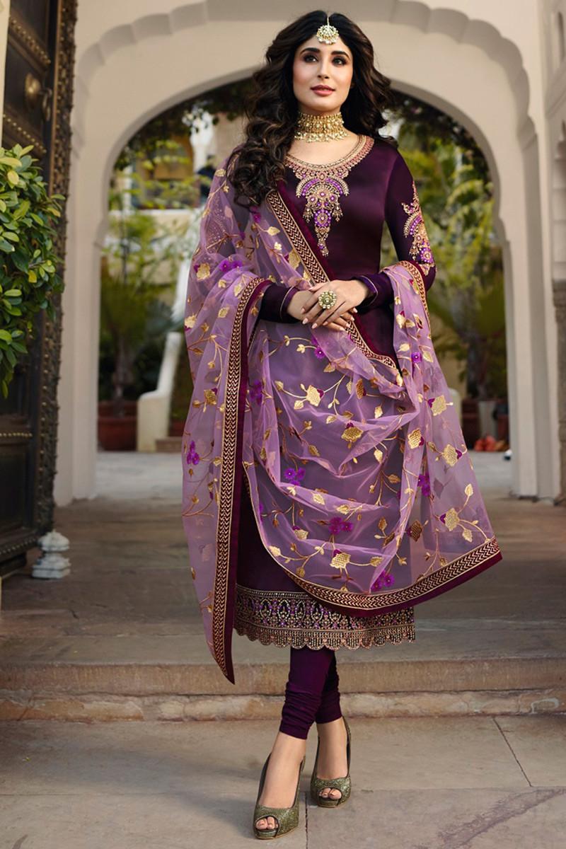 Dark Purple Georgette Zari Embroidered Churidar Suit