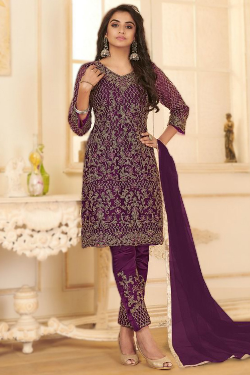 Dark Purple Net Embroidered Indian Party Wear Trouser Suit