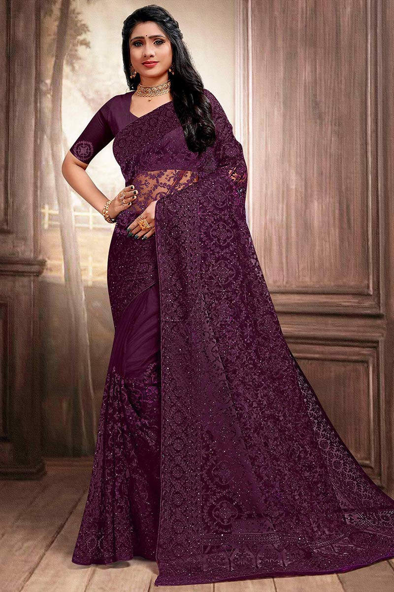 Shop Dark Purple Color Zari Work Pure Silk Saree Festive Wear Online at  Best Price | Cbazaar