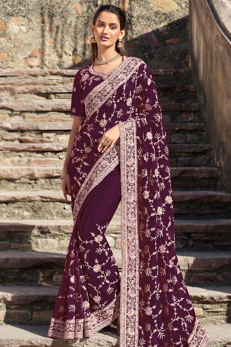 Dark Purple Shimmer Embroidered Chiffon Saree
