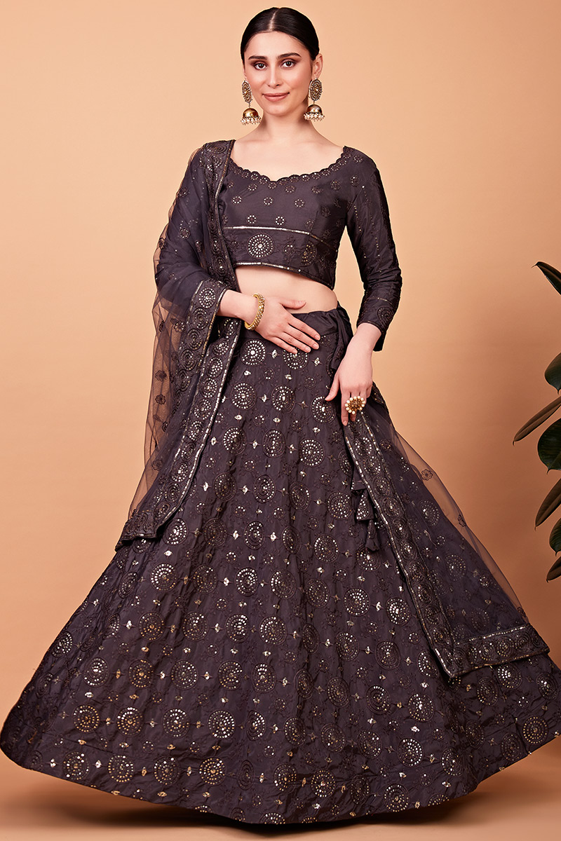 Dark Purple Silk Embroidered Lehenga