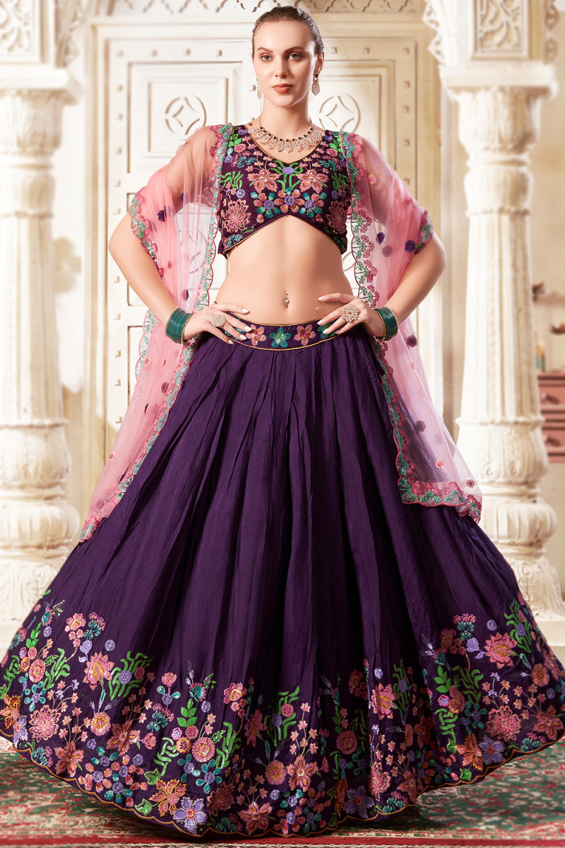 Dark Purple Silk Sequins Embroidered Lehenga For Sangeet 