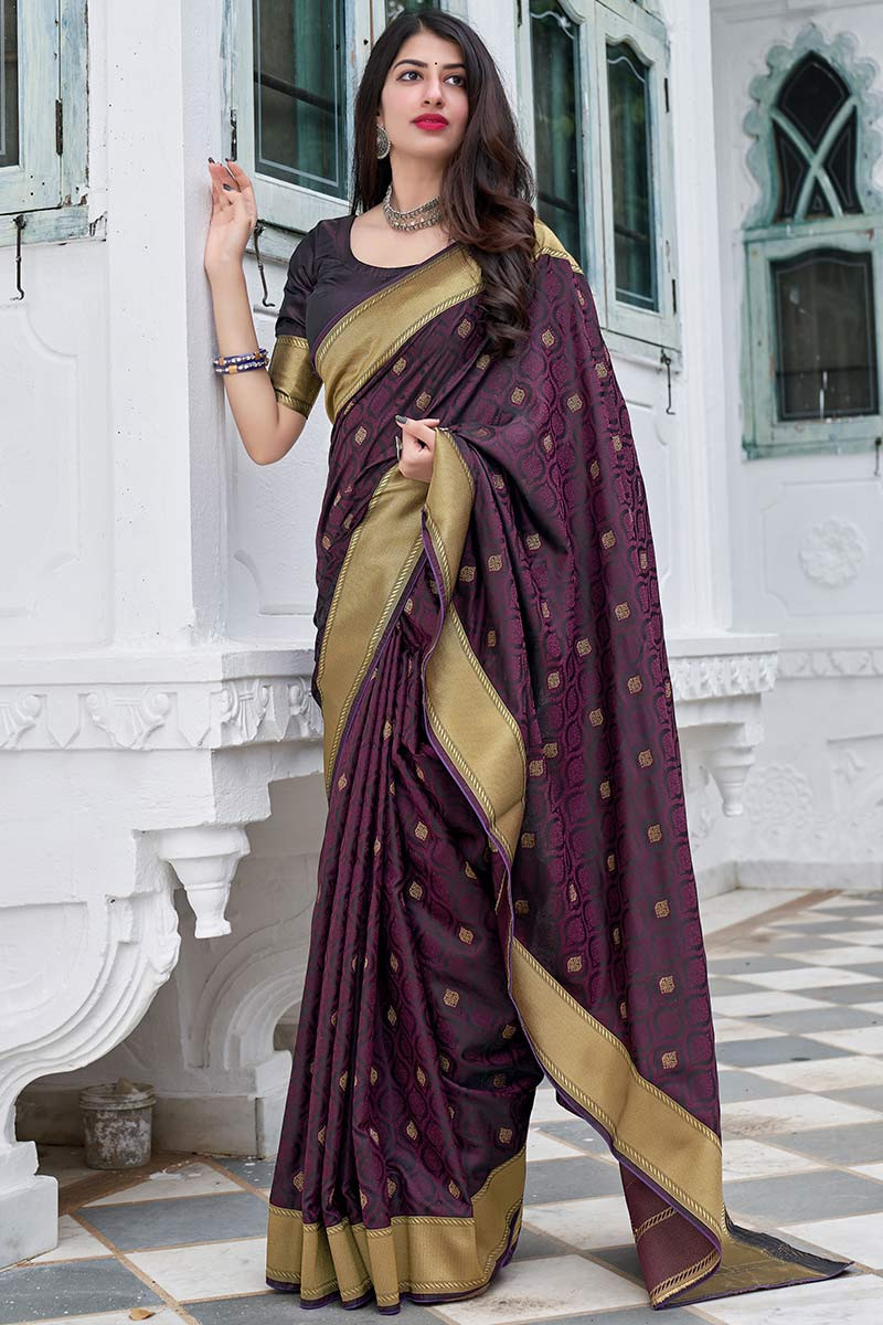 Dark Purple Satin Silk Taj Mahal Saree – kreationbykj