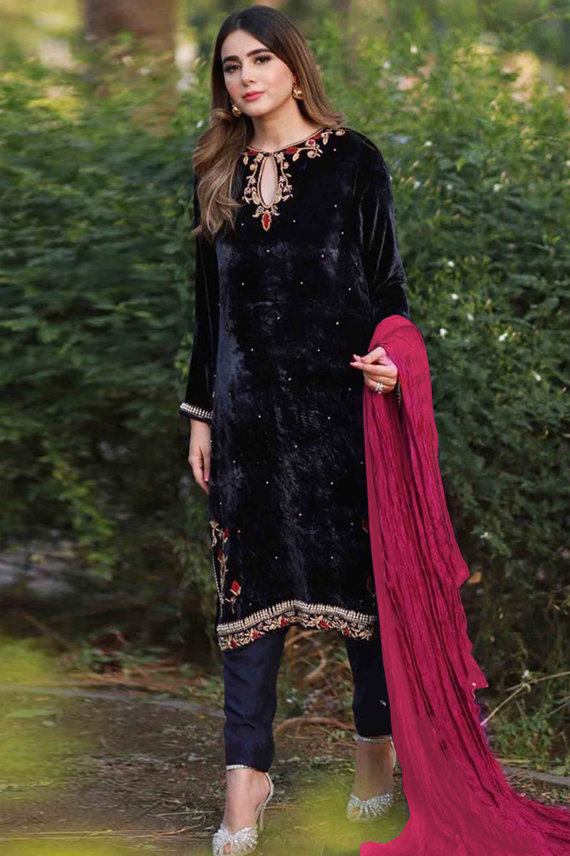 Buy Dress Velvet Dark Purple Pakistani Trouser Suit LSTV115469