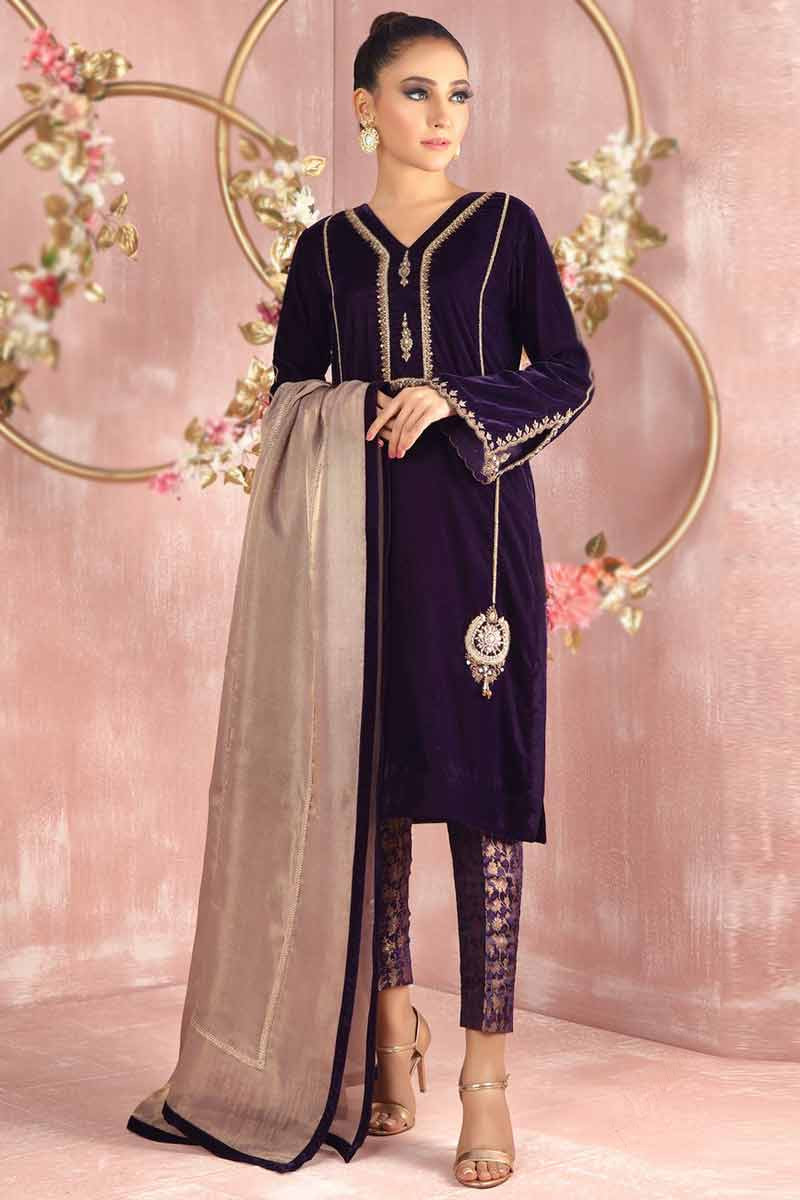 Buy Violet Embroidered Velvet Suit- Set of 3 | HOG2413/HOG23DEC | The loom
