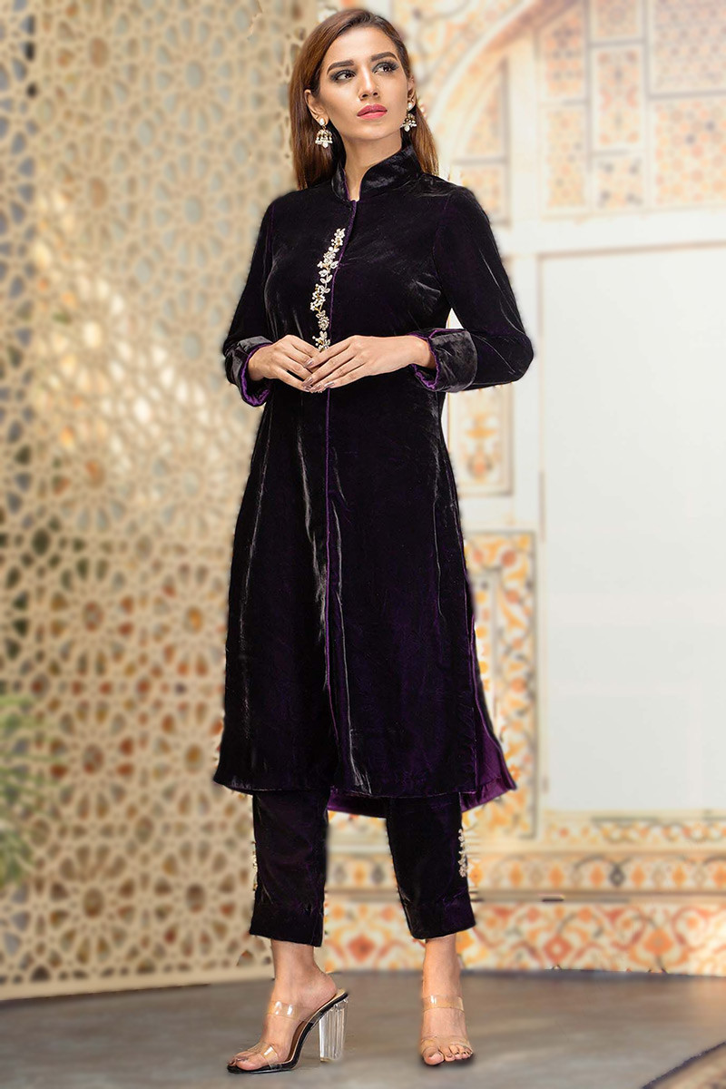 Buy Navy Blue foil-Printed Chanderi Silk Casual Readymade Kurti-Pants Suit  From Ethnic Plus