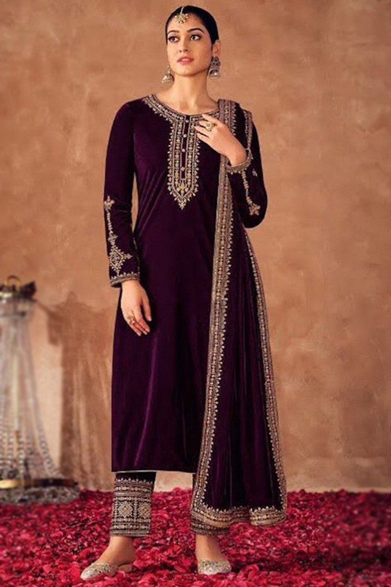 Dark Purple Velvet Zari Embroidered Trouser Suit