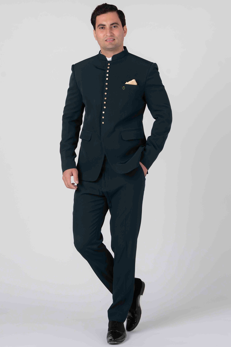 Dark Teal Green Viscose Jodhpuri Style Plain Men's Coat Pant 