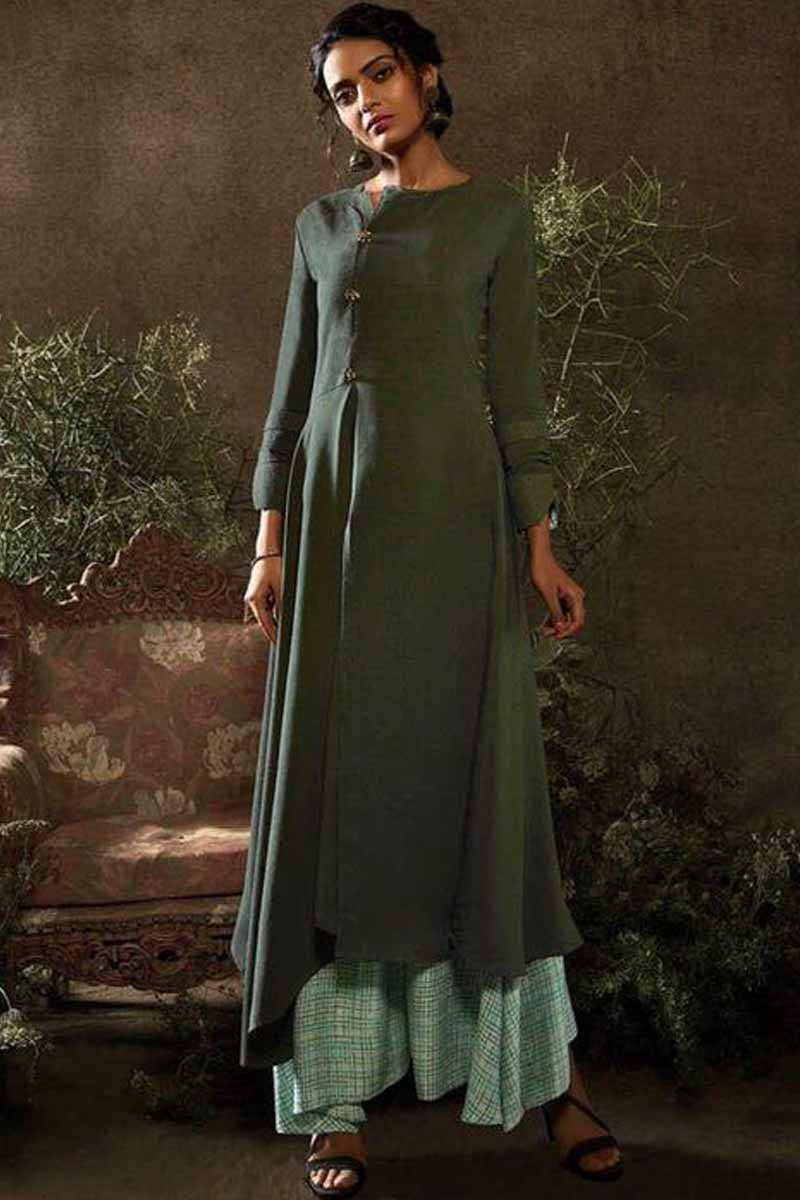 Buy Dazzling Plain Viridian Green Palazzo Pant Suit Online