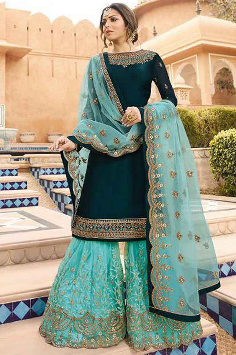 Buy Deep Peacock Green Georgette Embroidered Sharara Suit Online LSTV03130 Andaaz Fashion