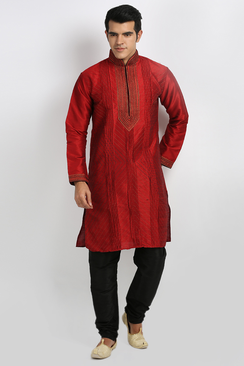 Deep Red Art Silk Churidar Men Kurta 