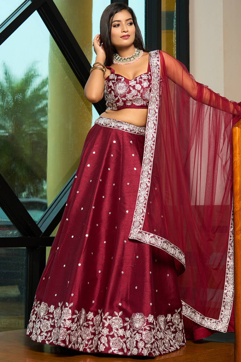 Deep Red Art Silk Embroidered A Line Lehenga 