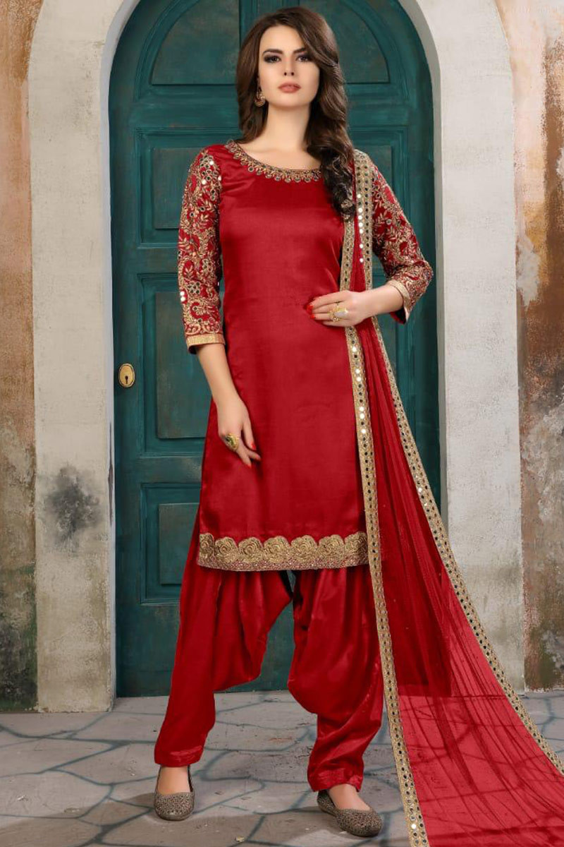 Dark Green Party Wear Patiala Salwar Suit In Velvet Fabric With Embroi