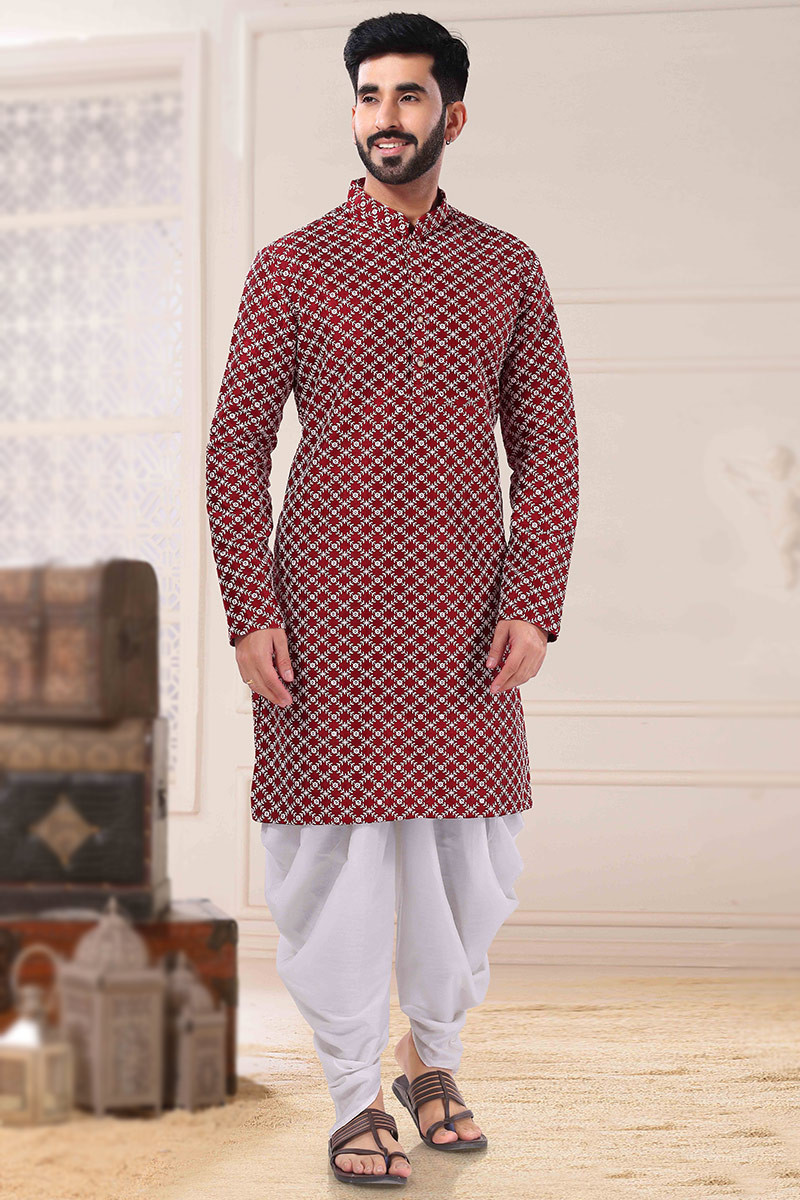 Art Silk Deep Red Wedding Wear Men Kurta Pajama with Sequins Work