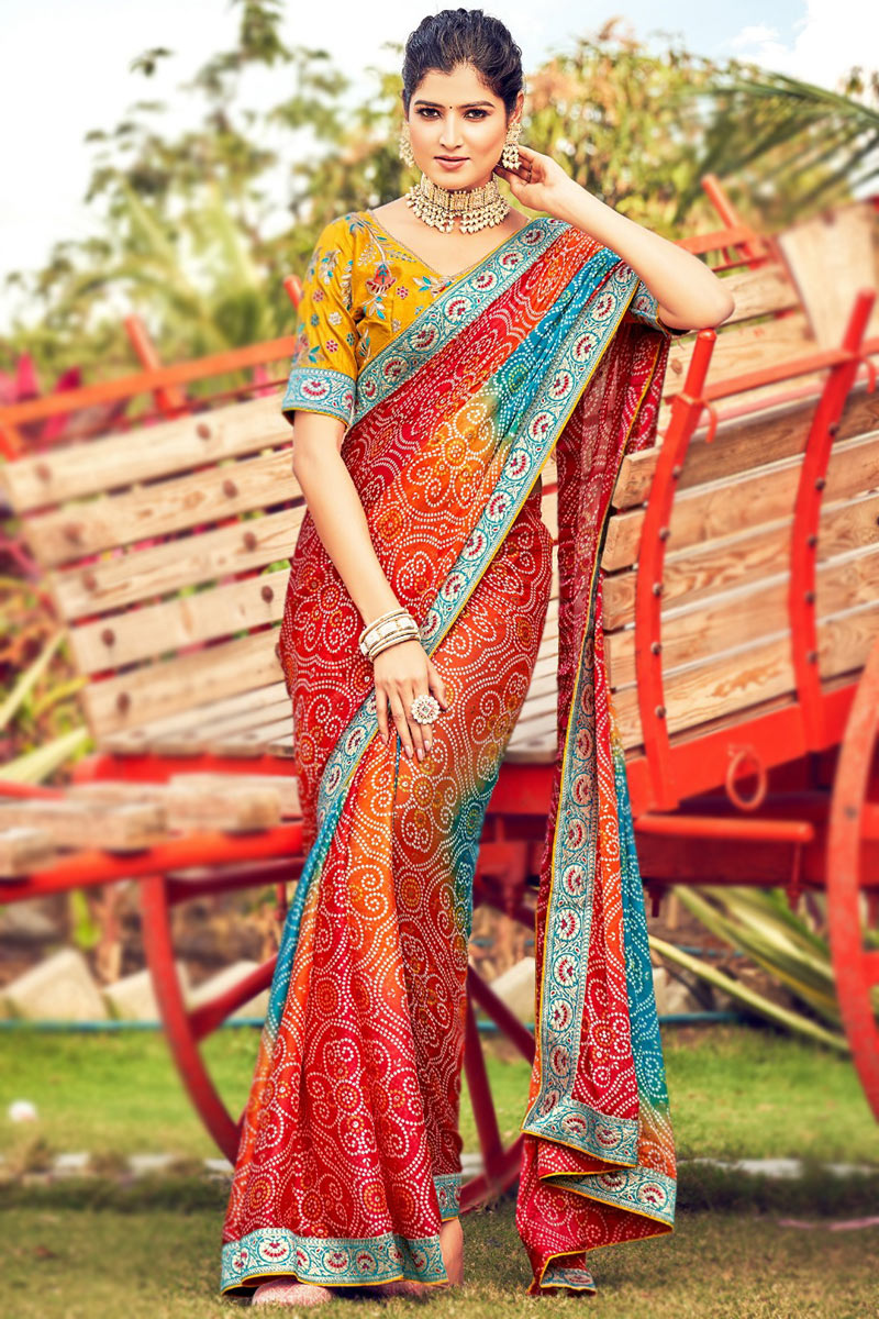 Deep Red Chiffon Printed Bandhej Saree