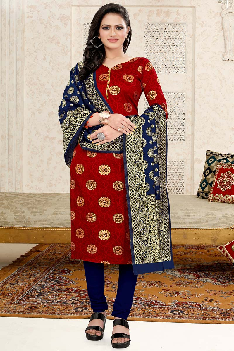 Deep Red Jacquard Churidar Suit