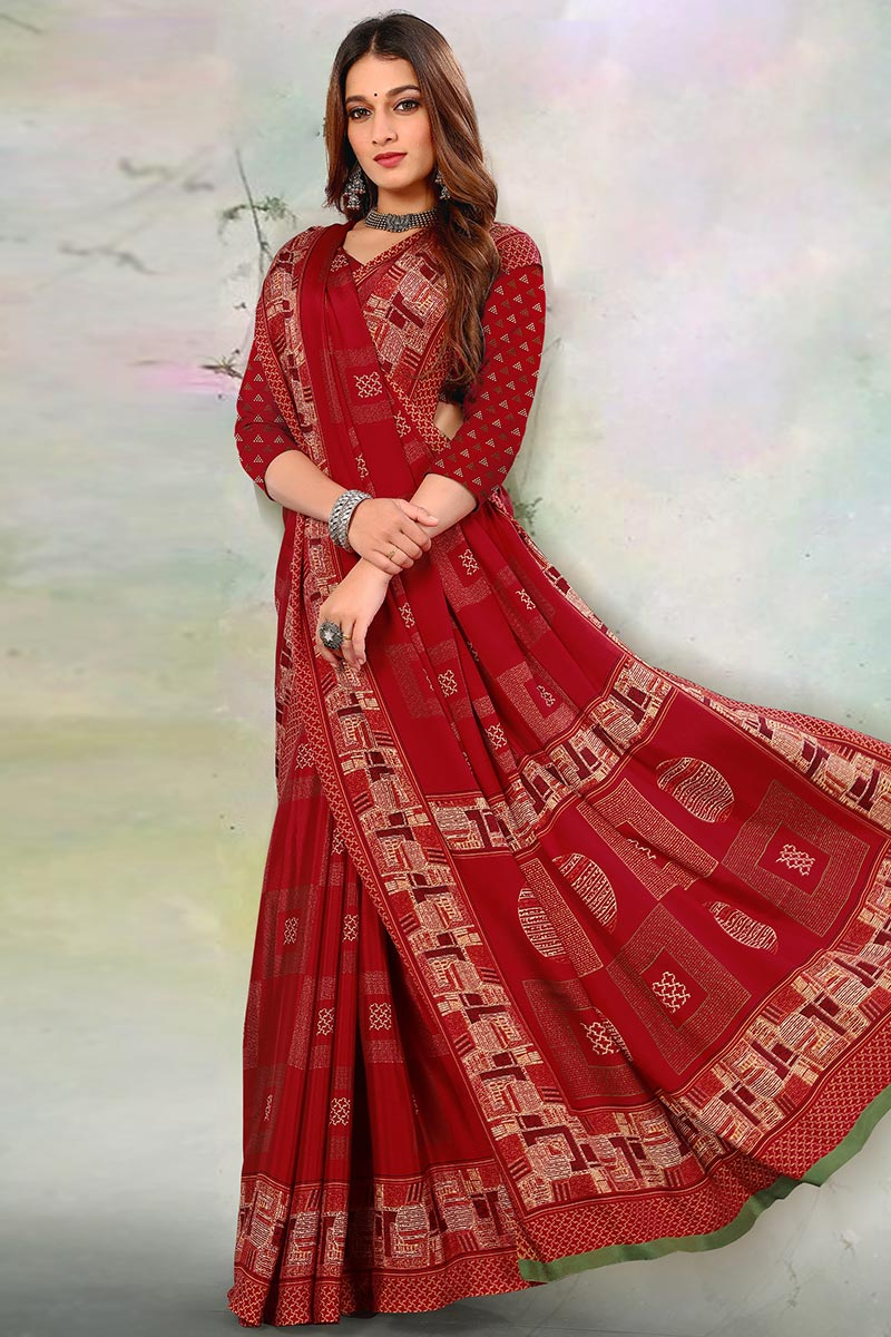 Crepe Deep Red Party Wear Saree with Printed