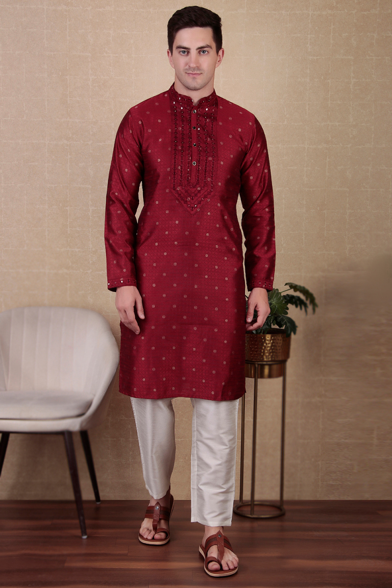 Deep Red Dupion Silk Embroidered Straight Cut Men's Kurta Pajama