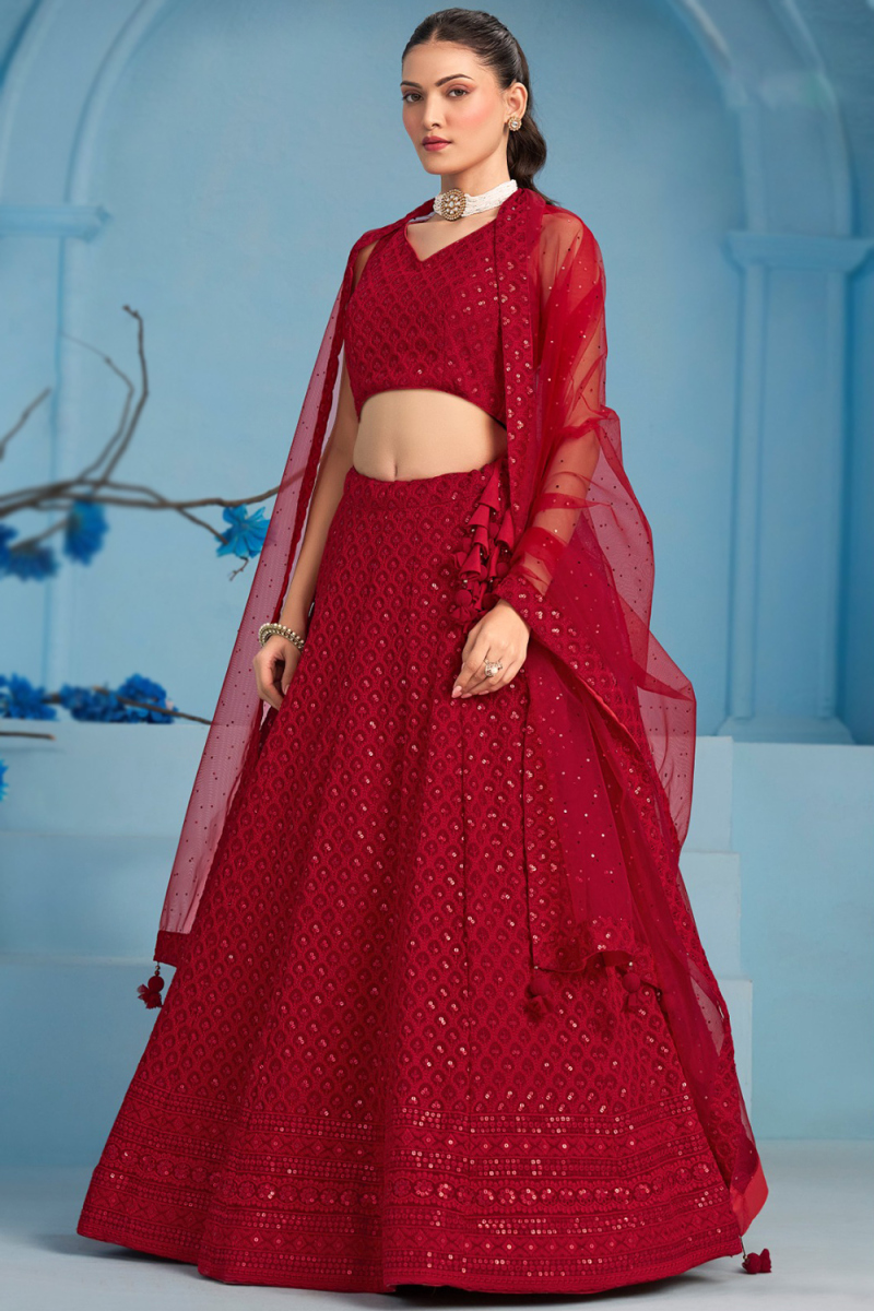 Deep Red Embroidered Georgette Panelled Style Lehenga