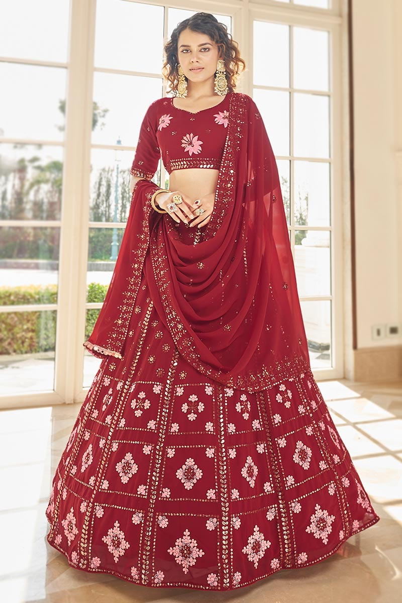 Lehenga in Deep Red Georgette for Party Wear with Resham Work