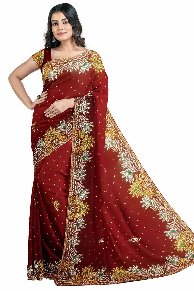 Deep Red Georgette Wedding Saree with Stone embroidery