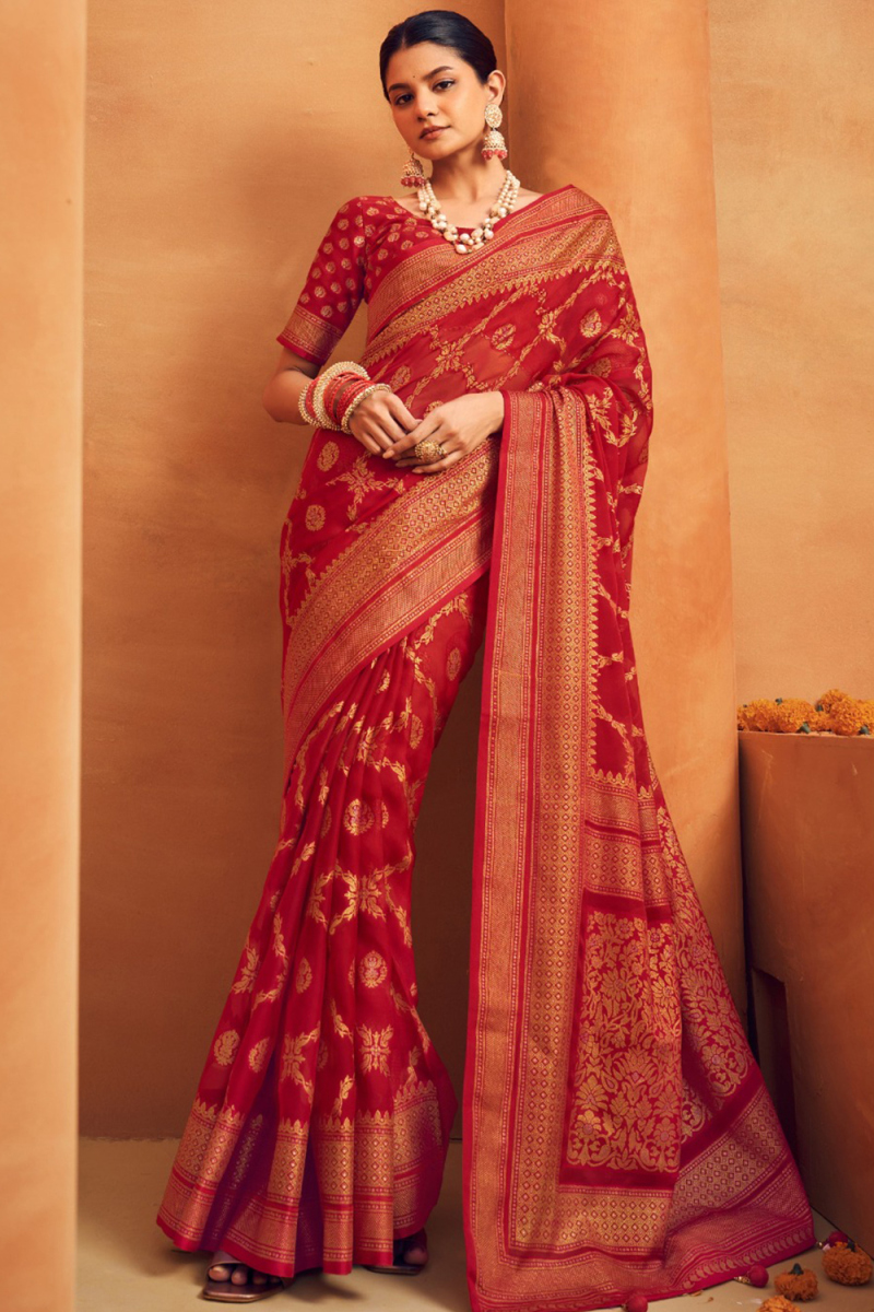 Deep Red Georgette Woven Zari Broad Border Saree 