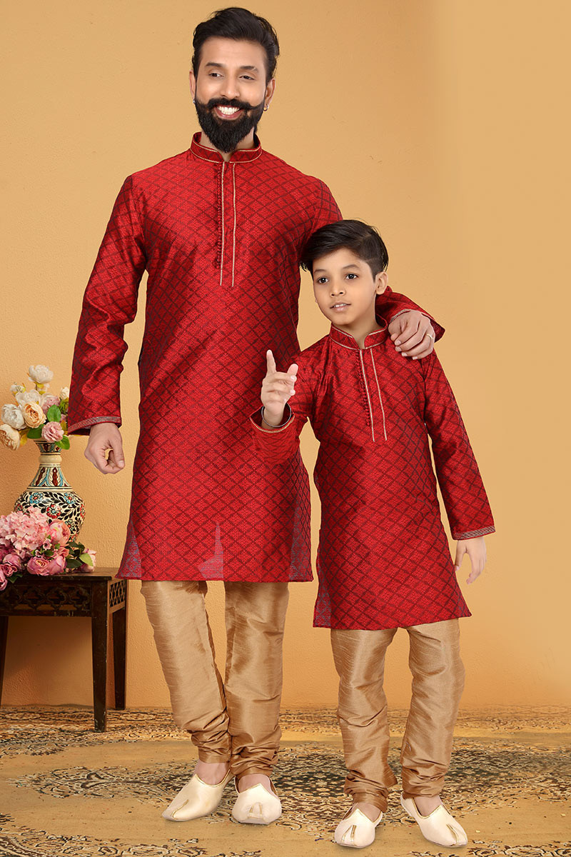 Deep Red Jacquard Father Son Duo Kurta With Churidar