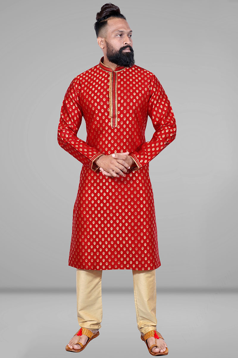 Deep Red Jacquard Men Kurta Pajama