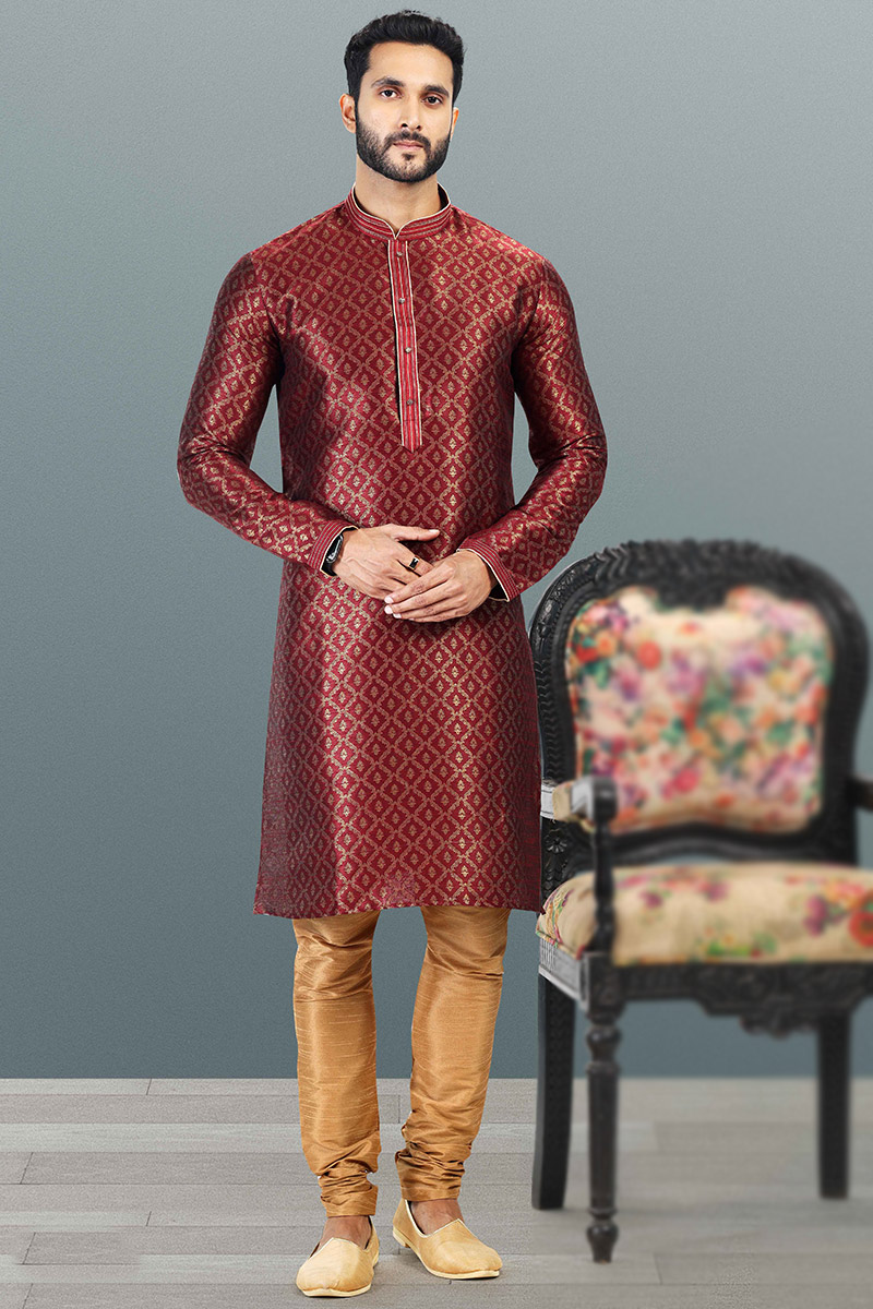 Deep Red Traditional Sangeet Men Kurta Pajama in Jacquard