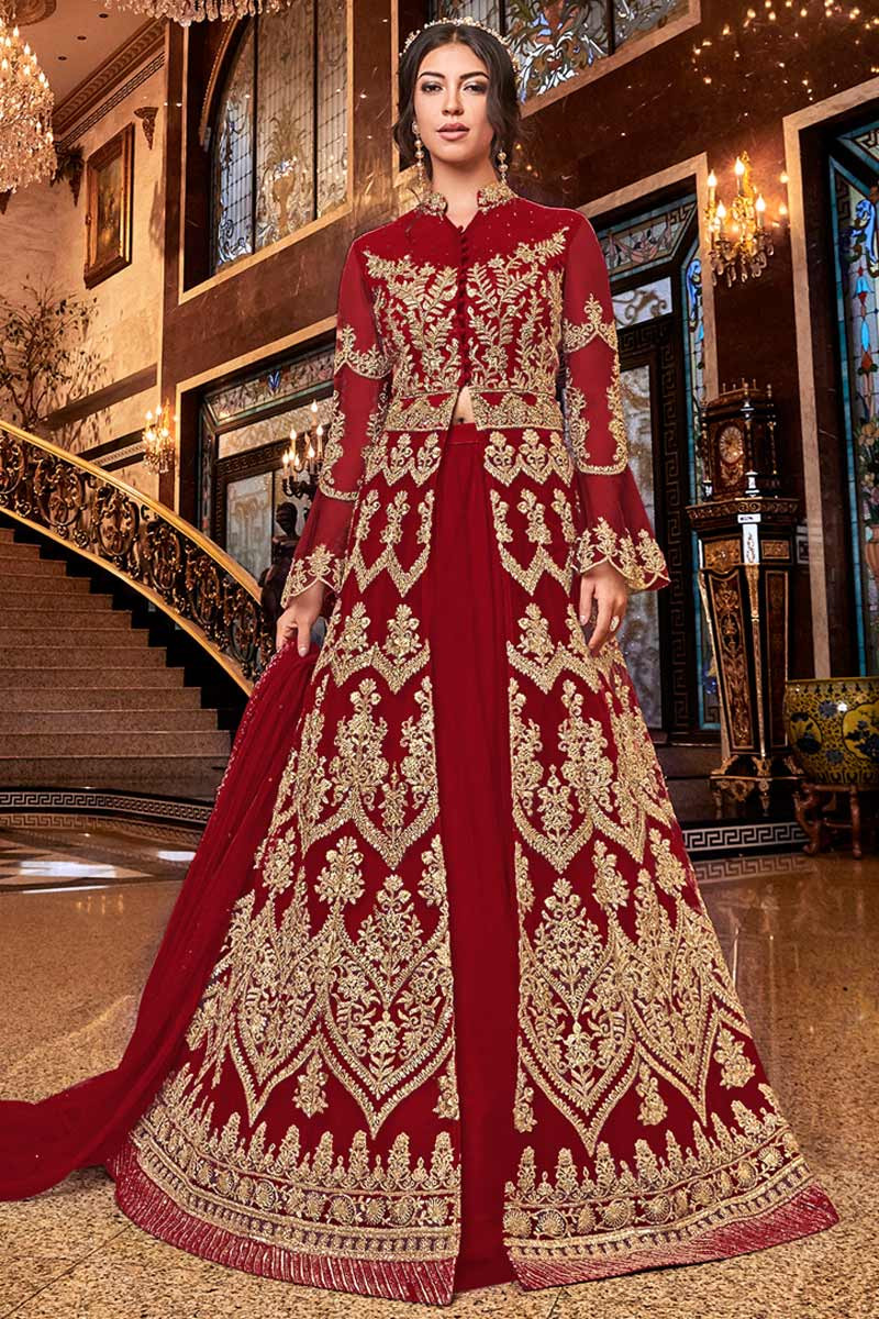 Deep Red Net Bridal Wear Anarkali Suit With Dori Work
