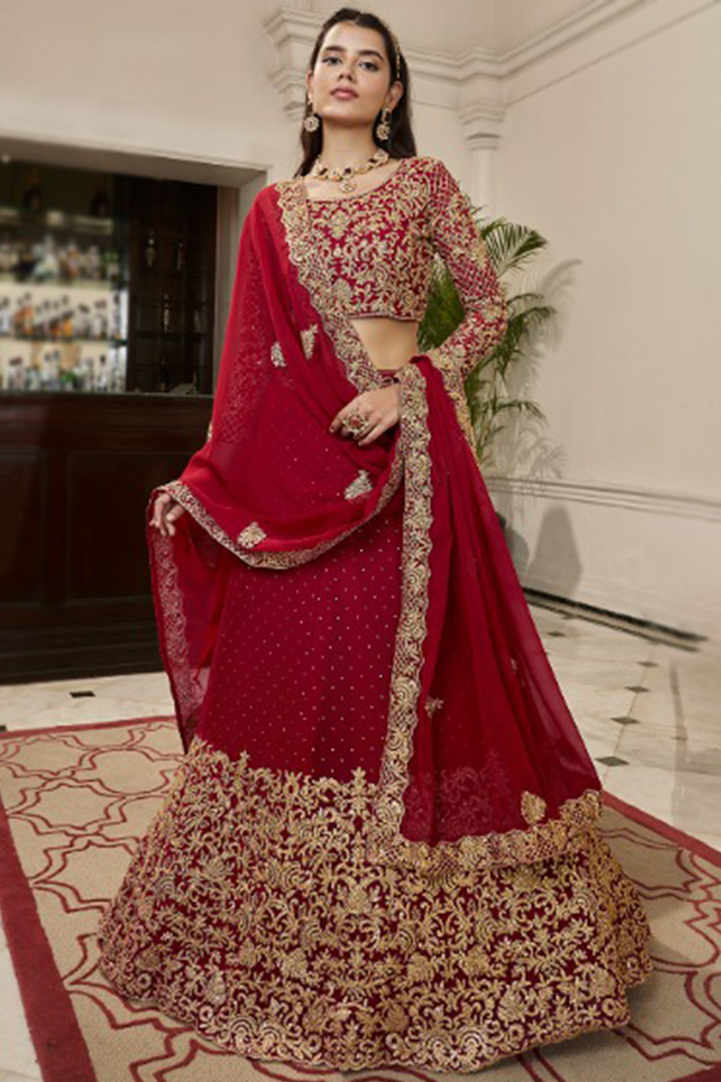 Deep Red Net Dori Embroidered Lehenga