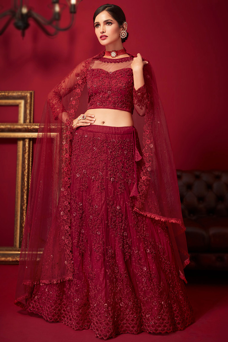 Deep Red Net Dori Embroidered Panelled Lehenga