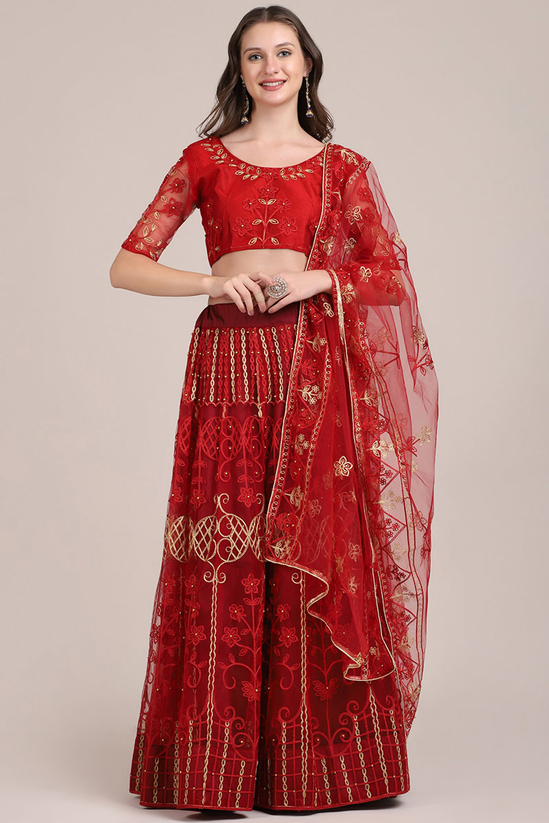 Lehenga for Party Wear in Net Deep Red with Resham embroidery