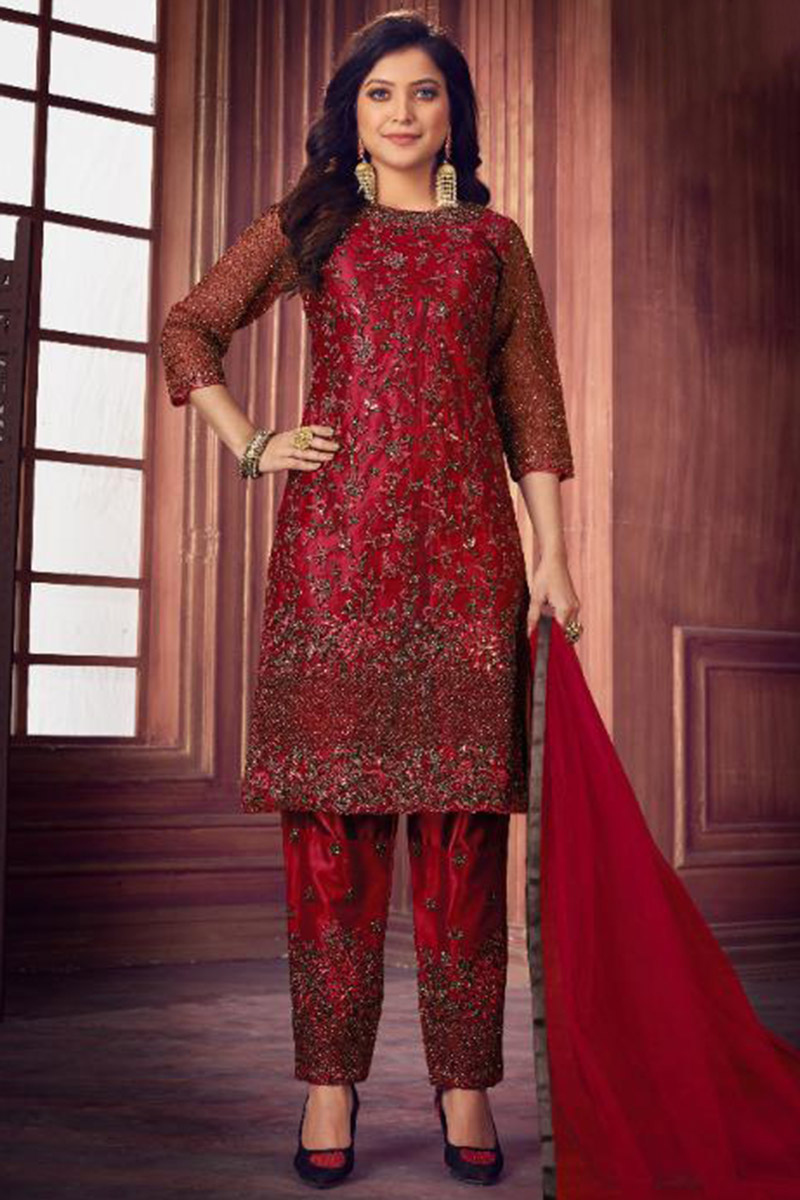 Deep Red Net Embroidered Trouser Salwar Suit for Party Wear