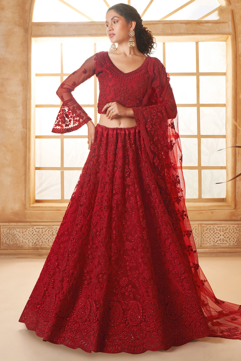 Deep Red Net Stone Embellished Panelled Style Lehenga