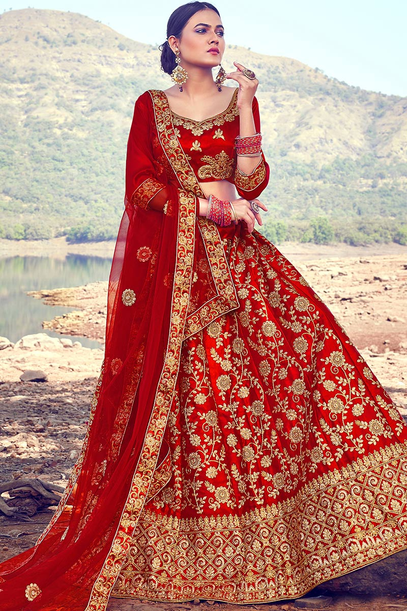 Deep Red Satin Embroidered Lehenga